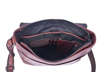 16" Crossbody Bag Leather Laptop Messenger Bag For Men with trolley sleeve for school office (Dark Brown) - color: Dark Brown