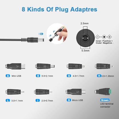 Universal 5V 1A Power Supply Adapter, 5W All-in-one Charger with 8 DC Tips 1000mA, 800mA, 600mA, 400mA, 200mA Available in Clock, Exercise Bike, Router, Security Camera, LED Strip Light, and More