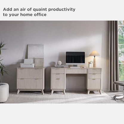 T4TREAM Fluted Executive Desk with Drawers, 60" Modern Home Office Computer Desk with Charging Station, File Cabinet, Keyboard Tray and Storage Cabinet for Study, Living Room, Bedroom, Alder White - color: Alder White