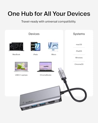 Belkin USB C Hub, 4-in-1 Multi-Port Laptop Dock with 4K HDMI, USB C Docking Station with 100 Watt Pass-Through Power Delivery, 2 X USB A Ports For MacBook Pro, Air, iPad Pro, Chromebook and More - style: 4-in-1 USB-C Hub