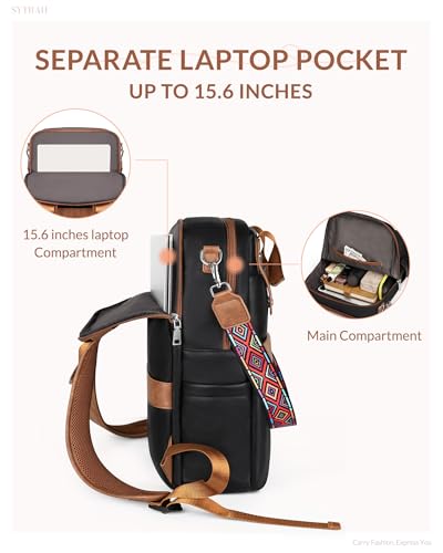Leather Laptop Backpack 15.6 inch Womens Computer Bag Brown | 3-in-1 laptop purse: Dedicated 15.6" Compartment, 7-Pocket Organizer, Colorful Shoulder Strap, Work & Travel Ready - color: Black Brown