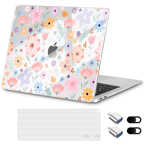 for MacBook Air 13 inch Case 2020 M1 A2337 2019 2018 Release– Fashionable Lightweight Floral Design Transparent HD Clear Laptop Shell, with TPU Keyboard Cover & OTG Adapters, Colorful Flowers - color: Colorful flowers