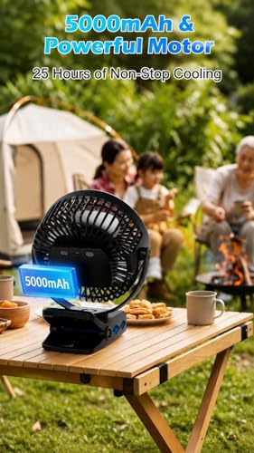 Meudeen 5000mAh Rechargeable Clip on Fan - 6 Inch Portable Fan - with Timer & LED Lantern - Battery Powered Golf Cart Fan - 5 Speeds Quiet Small Desk Fan for Camping - Stroller - Bedroom - color: Dark Black