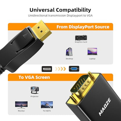 Displayport to VGA Cable 6.6FT, 1080P@60hz Display Port to VGA Adapter Converter Male to Male for Computer, Desktop, Laptop, PC, Monitor, Projector, HDTV