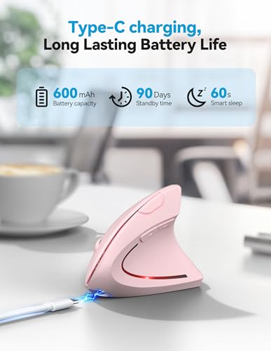 TECKNET Ergonomic Mouse, Rechargeable 2.4G+Bluetooth Vertical Mice 6 DPI Adjustable, Wireless Optical Carpal Tunnel Mouse Right Hand, Multi Device for Laptop, PC, Computer, MacBook, iPad - Pink - color: Pink