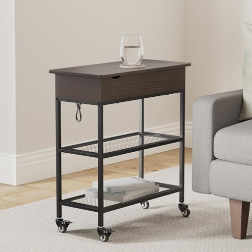 Hadulcet End Table with Charging Station & Rotating Top, Couch End Table, Rotating Swivel Top Side Table for Living Room & Bedroom, Narrow Rolling Side Table on Wheels, Skinny Nightstand, Black Walnut - color: Black Walnut