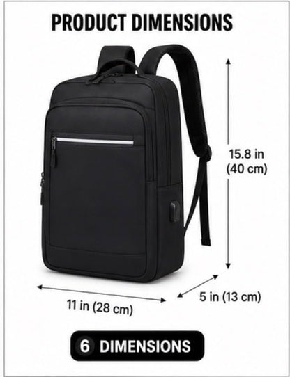Modern Business Laptop Backpack with USB Charging Port, Black Water-Resistant Material, Front Zip Pocket, Minimalist Design