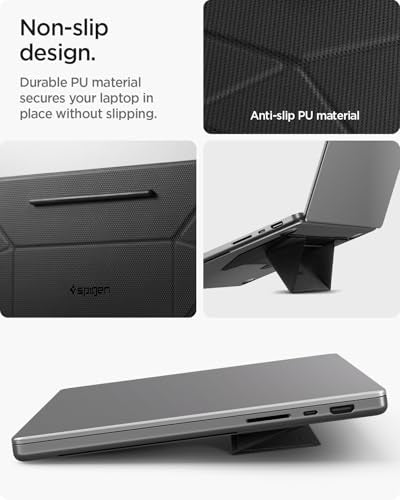 Spigen Slim Fold Adhesive Laptop Stand Foldable Portable Dual Ergonomic Angle Adjustment Lift Anti-Slip Compatible with MacBook Neo, MacBook Air, MacBook Pro 11"-16" and More - Black (LD201-S3) | Dual Ergonomic Angle Adjustment Lift Anti-Slip for MacBook