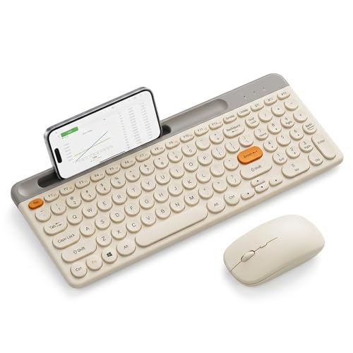Bluetooth Keyboard Mouse Combo, Dual Multi-Device Wireless Keyboard with Phone Holder, Ultra-Compact 78-Key Layout, Quiet Keys & Rechargeable, for Windows PC Laptop (White) - color: White