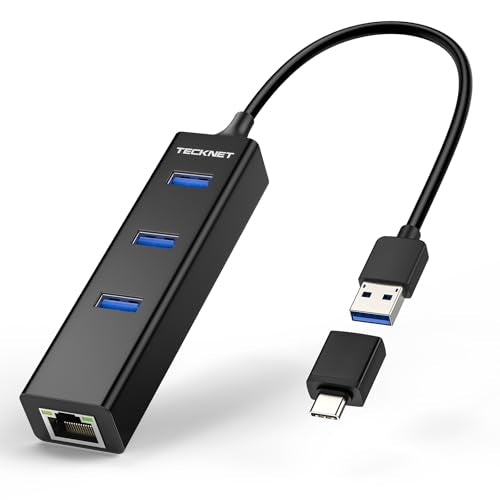 TECKNET USB C to Ethernet, Gigabit Ethernet Adapter for Laptop, Plug & Play | LAN Wired Network Adapter, High-Speed 1Gbps & 3 USB 3.0 Hub, 5Gbps Transfer Speed, Driver-Free, 2-in-1 USB-A/C, Aluminum Case