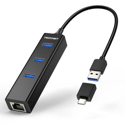 TECKNET USB C to Ethernet, Gigabit Ethernet Adapter for Laptop, Plug & Play | LAN Wired Network Adapter, High-Speed 1Gbps & 3 USB 3.0 Hub, 5Gbps Transfer Speed, Driver-Free, 2-in-1 USB-A/C, Aluminum Case