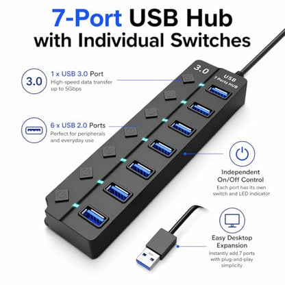 USB 3.0 Hub with 7*USB 3.0 Ports, 5Gbps High-Speed USB Extender with Individual Switch and LED Indicator Light, USB Hub for Laptop, PC, MacBook, Mac Pro, Mac mini, iMac, Surface Pro and More-1FT