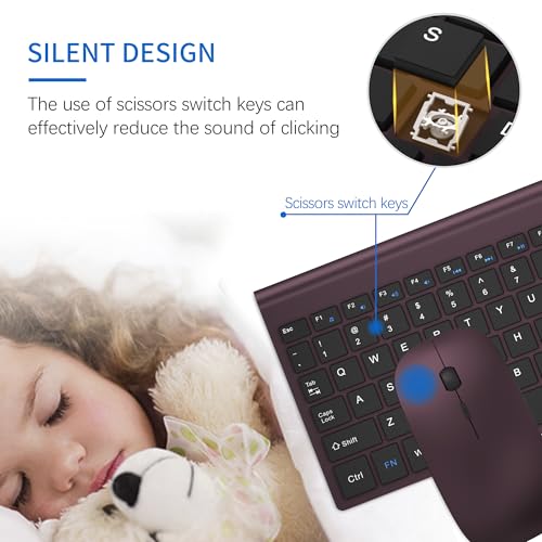 Wireless Keyboard and Mouse Ultra Slim Combo, TopMate 2.4G Silent Compact USB 2400DPI Mouse and Scissor Switch Keyboard Set with Cover, Batteries Included, for PC/Laptop/Windows/Mac - Wine Black - color: Wine Black
