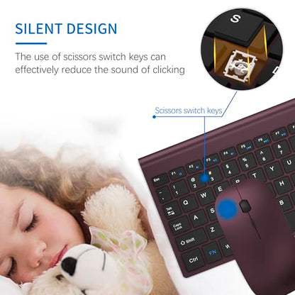 Wireless Keyboard and Mouse Ultra Slim Combo, TopMate 2.4G Silent Compact USB 2400DPI Mouse and Scissor Switch Keyboard Set with Cover, Batteries Included, for PC/Laptop/Windows/Mac - Wine Black - color: Wine Black