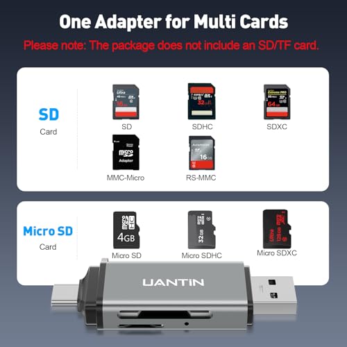 UANTIN SD Card Reader USB C, Dual Slots USB A & USB C Memory Card Adapter for MicroSD, SDHC, SDXC, Simultaneous Read & Write Slot Compatible Laptop, iPhone 17, MacBook Neo/Pro/Air, iPad Pro, Android