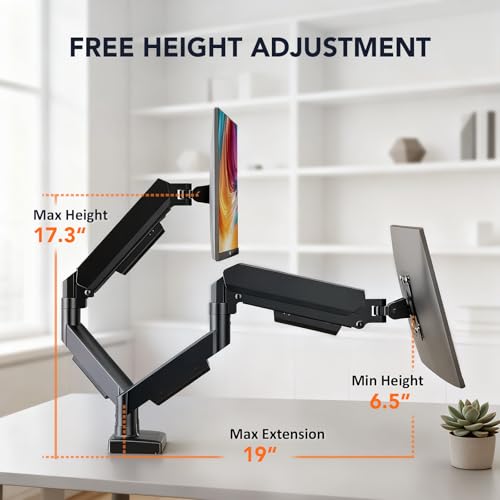 Dual Monitor Stand Adjustable Monitor Desk Mount for 17″–32″ Computer Screens, Full Motion VESA Pattern 75x75/100x100 with C-Clamp & Grommet Aluminum Base, Each Arm Holds 4.4 to 20 lbs HD09B-201 - size: dual monitor arm