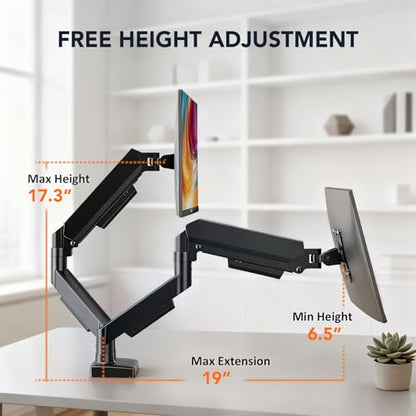 Dual Monitor Stand Adjustable Monitor Desk Mount for 17″–32″ Computer Screens, Full Motion VESA Pattern 75x75/100x100 with C-Clamp & Grommet Aluminum Base, Each Arm Holds 4.4 to 20 lbs HD09B-201 - size: dual monitor arm