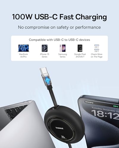 Baseus 100W 6.6ft Retractable USB C Fast Charging Cable, Bundle with 20000mAh Compact Portable Charger 45W, CCC Certified Power Bank Built-in USB-C Cables