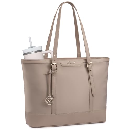 LOVEVOOK Work Tote Bag for Women 15.6 Inch Laptop Computer Bags with Cup Holder, Large Teacher Bag Briefcase for Business Office Travel Nude, Nylon&PU - color: Nude Nylon&pu, size: 15.6 in