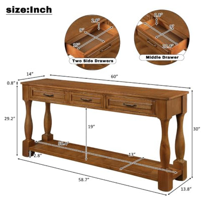 60" Solid Wood Console Table for Entryway,Sofa Table with Drawers | 60" Farmhouse Entryway Table with Storage Drawers & Shelf,Solid Wood Long Sofa Table for Hallway,Entry,Easy Assembled,Brown - color: Brown