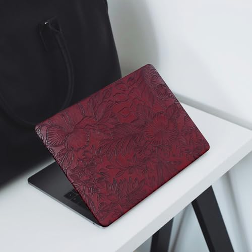 Floral Logo Cutout Case for MacBook Air 15 inch 2026 2025-2023 M5 M4 M3 M2 | Model A3448 A3241 A3114 A2941, Elegant Textured Retro Leather Hard Shell Mac Air 15 inch Laptop Case&Keyboard Cover, Burgundy - color: Embossed Floral Burgundy