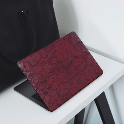 Floral Logo Cutout Case for MacBook Air 15 inch 2026 2025-2023 M5 M4 M3 M2 | Model A3448 A3241 A3114 A2941, Elegant Textured Retro Leather Hard Shell Mac Air 15 inch Laptop Case&Keyboard Cover, Burgundy - color: Embossed Floral Burgundy