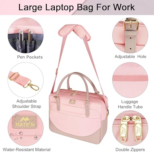 MATEIN 17 Inch Laptop Bag, Large Waterproof Laptop Carrying Case with Adjustable Handle, Cute Pink Briefcase Shoulder Messenger Bag Professional Work Computer Bag for Women Office College Travel, Pink | Large Briefcase, Waterproof Shoulder Messenger Bag,