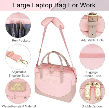 MATEIN 17 Inch Laptop Bag, Large Waterproof Laptop Carrying Case with Adjustable Handle, Cute Pink Briefcase Shoulder Messenger Bag Professional Work Computer Bag for Women Office College Travel, Pink | Large Briefcase, Waterproof Shoulder Messenger Bag,