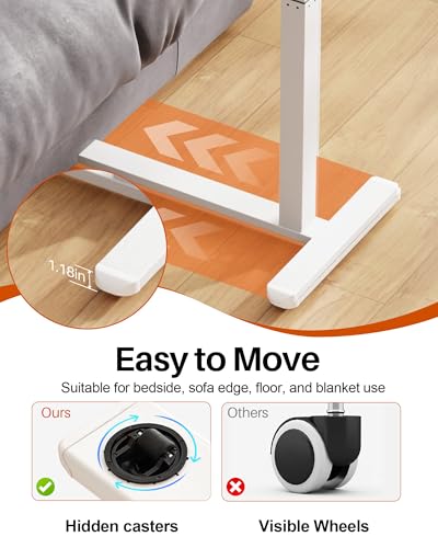 Overbed Table with Wheels, Pneumatic Lift, Foldable Top (White) | 0-70° Tilt Desktop Bedside Table, Hidden Casters,1.18 In Low-Profile Base Slides Under Beds and Sofas, Holds 88 Lbs - color: White