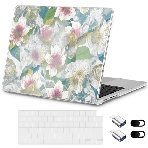 for New MacBook Pro 14 inch Case 2025 M5 2024 M4 2023 Release– Fashionable Lightweight Floral Design Transparent HD Clear Laptop Shell, with TPU Keyboard Cover & OTG Adapters, Lotus - color: Lotus