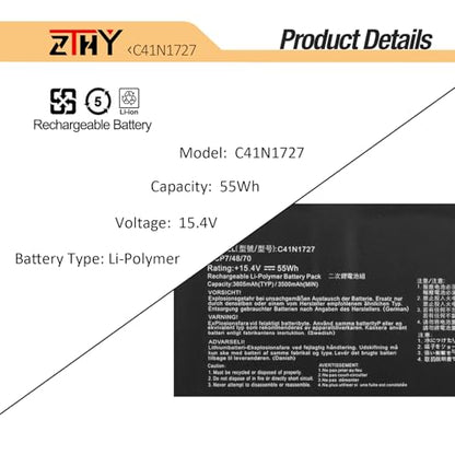 ZTHY C41N1727 Laptop Battery Replacement for Asus Zephyrus M GM501 GM501G | GM501GM GM501GS ROG GU501 GU501G GU501GM GM501G-SEI006T GM501GS-EI015T GU501GM-BI7N8 GM501GM-EI005T GM501GS-EI003T 15.4V 55Wh - size: 11.81*4.13*0.16 inch C41N1727