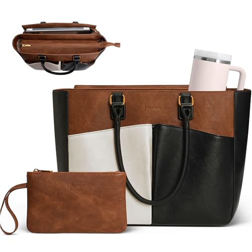 Laptop Tote Bag for Women, Leather Work Tote with Padded Laptop Compartment, Cup Holder, Office Computer Briefcase - color: Black-beige-brown, size: 15.6inch