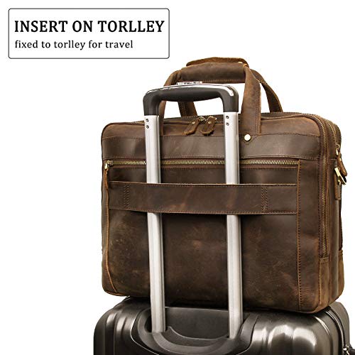 Leather Briefcase for Men, 15.6 Inch Laptop Business Travel Bag | 100% Full Grain Leather | YKK Zipper | Fits 15.6" Laptop | 8 Card Slots + 3 Pen Sleeves | Detachable Strap & Trolley Sleeve - color: Brown