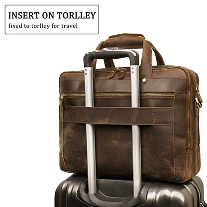 Leather Briefcase for Men, 15.6 Inch Laptop Business Travel Bag | 100% Full Grain Leather | YKK Zipper | Fits 15.6" Laptop | 8 Card Slots + 3 Pen Sleeves | Detachable Strap & Trolley Sleeve - color: Brown