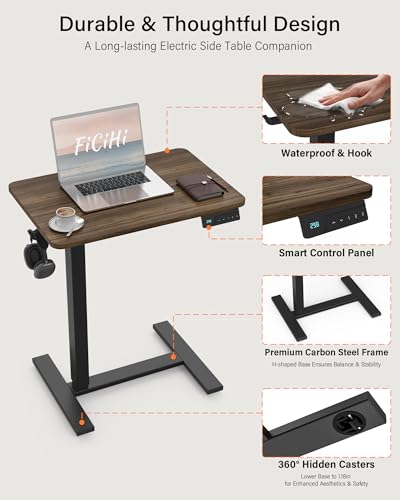 FiCiHi Electric Overbed Table, Adjustable Height Bedside Desk with Hidden Wheels, Rolling Sit-Stand Laptop Table for Bed, Couch, Sofa, Home Office & Hospital Use, (24" x 16", Walnut) - color: Walnut, size: 24 x 16"