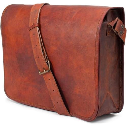 15 inch Vintage Brown Leather Laptop Handmade Satchel Crossbody Messenger Bag for Women and Men, Shoulder for Work, Office, Travel