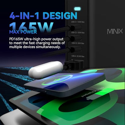 MINIX 165W USB C Charger, 140W PD 3.1 GaN Fast Charging Station for MacBook | 4-Port Travel Power Adapter (US/EU/UK Plugs) for MacBook Pro 16", iPad Pro, iPhone 17 16 Pro Max, Galaxy S25 S24, Steam Deck