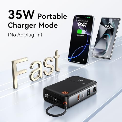 Portable Charger Wall Plug 65W for Laptop, 10000mAh Power Bank Built in Cable, USB-C Phone Battery Pack 35W Fast Charging, Travel Essentials Compatible with iPhone 17 16 15 Samsung iPad MacBook Pro