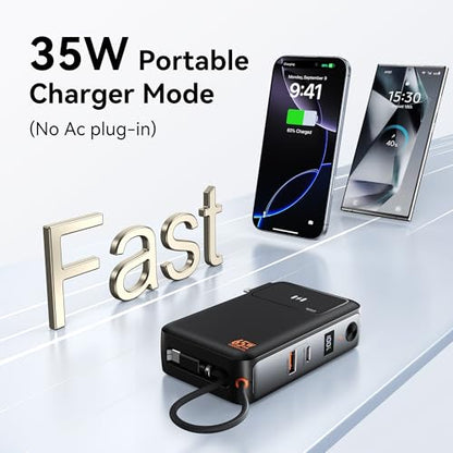 Portable Charger Wall Plug 65W for Laptop, 10000mAh Power Bank Built in Cable, USB-C Phone Battery Pack 35W Fast Charging, Travel Essentials Compatible with iPhone 17 16 15 Samsung iPad MacBook Pro