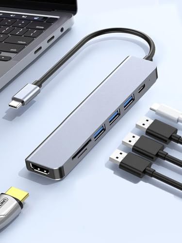 USB C Hub 6-in-1 Type C to HDTV Splitter with SD/TF Card Reader, 3 USB-A Data Ports, USB C Dongle for MacBook Pro/Air, iPad Pro, iMac, iPhone 16 Pro/Pro Max - size: 6in1