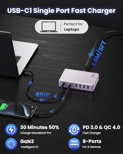 USB C Charger 200W USB C Charger Block,Upgraded GaN III 8-Port Fast Charging Station Hub,PD 65W Laptop Charging Adapter Compatible with MacBook Pro/Air,DELL,Steam Deck,iPhone 16/15/14,Galaxy S23/22 - color: Purple, size: 200W
