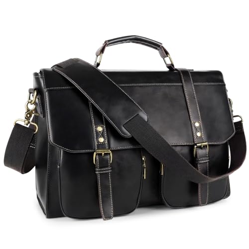 Wogarl Vintage PU Leather 15.6 Inch Messenger Bag Briefcase for Men | Large Computer Laptop Bag Handbags Crossbody Bags Water Resistant for Office Business Work - color: Black