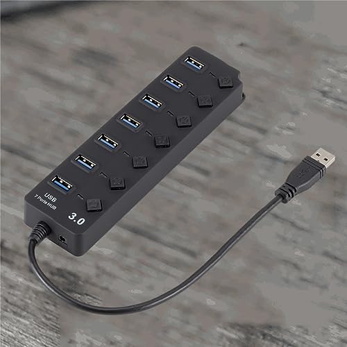 Uonlytech 7-Port USB 3.0 Hub LED Indicators for Computer Laptop and Tablet High-Speed USB Splitter Independent Power Control Black