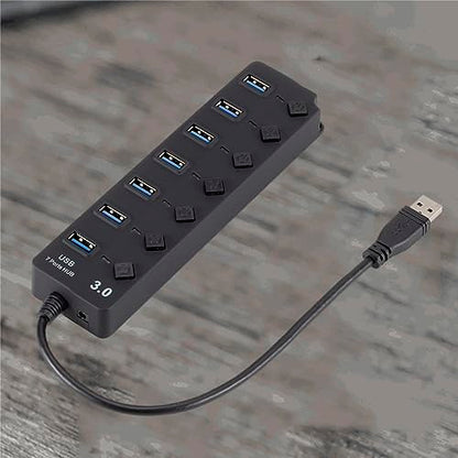 Uonlytech 7-Port USB 3.0 Hub LED Indicators for Computer Laptop and Tablet High-Speed USB Splitter Independent Power Control Black