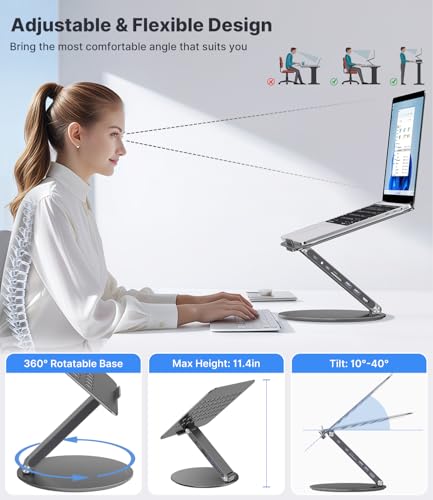 KU XIU Adjustable Laptop Stand with 8 in 1 USB C Hub, Foldable Portable Computer Notebook Stand with 360° Rotating Base, Riser Holder Mount for All 10-17" Laptops (Gray) - color: Gray