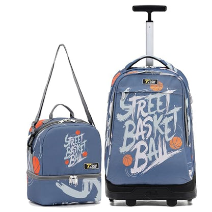 NEW TILAMI 19 Inch Rolling Backpack with Lunch Bag School Stair-Climbing | Stair-Climbing Teen Boys Girls Carry-on Suitcase Large Compartment 15.6 Laptop Sleeve Adjustable Handle Roller Travel Bag - color: Blue Basketball