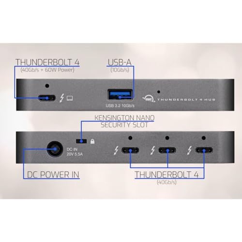OWC Thunderbolt Hub 5-Port Connectivity Solution | Up to 60W PD - 3x Thunderbolt 40Gb/s device ports - USB-A 10Gb/s - Up to one 8K or two 4K displays - Mac, PC, iPad, & more - style: Thunderbolt 4