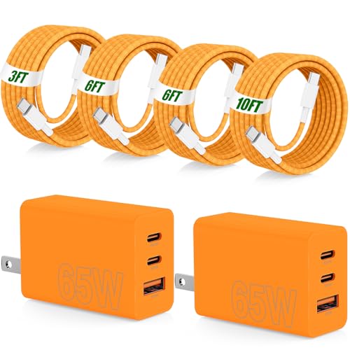 65W Super Fast Charging USB C for iPhone 17 16 Pro Max,3 Port 100W USB C Charger Block & 3/6/6/10FT Braided Type C Cord for iPhone 17 16 Pro,iPhone 15 ProMax,for Samsung S26 Ultra/MacBook Air-Orange - color: Orange, size: 10FT+6FT+6FT+3FT