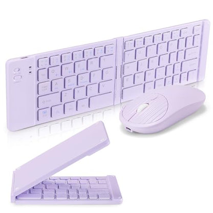 Foldable Mini Rechargeable Bluetooth Keyboard and Mouse Combo, 2.4G Wireless and Bluetooth,(Sync Up to 3 Devices), Ultra-Slim Travel Folding Keyboard for iPhone iPad Mac Android Windows iOS(Purple) - color: purple