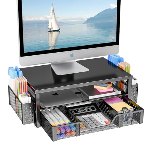 Simple Trending 2-Tier Monitor Stand Riser, Desk Organizer, Drawer, Black | Laptop & Printer Stand, Desktop Organizer, Drawer & 2 Pen Holders, Sturdy Material, for Home Office, 16"W x 10"D x 5.8"H - size: 16"W x 10"D x 5.8"H